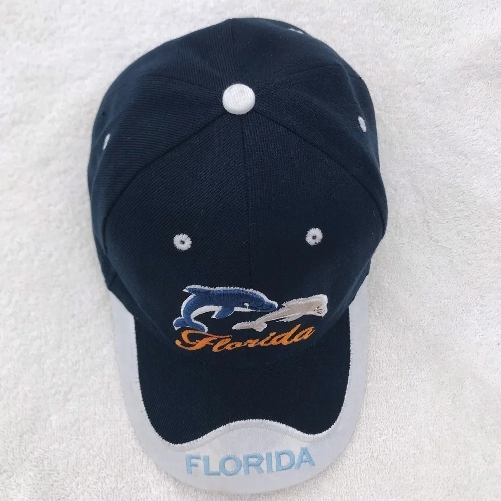 Florida type with Dolphin Art Adjustable Blue White Travel Beach Baseball Cap